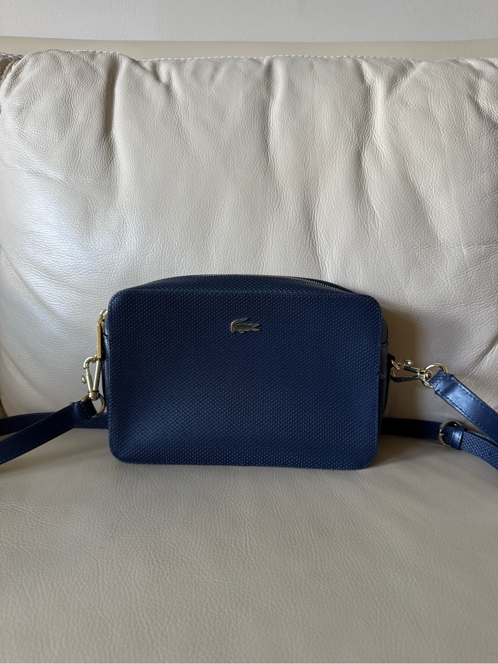 Lacoste Navy Textured Crossbody Bag with Gold Hardware